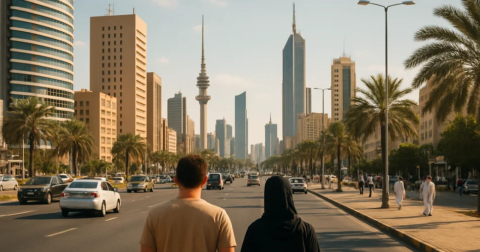 A busy central Kuwait City avenue with modern buildings and passing traffic.