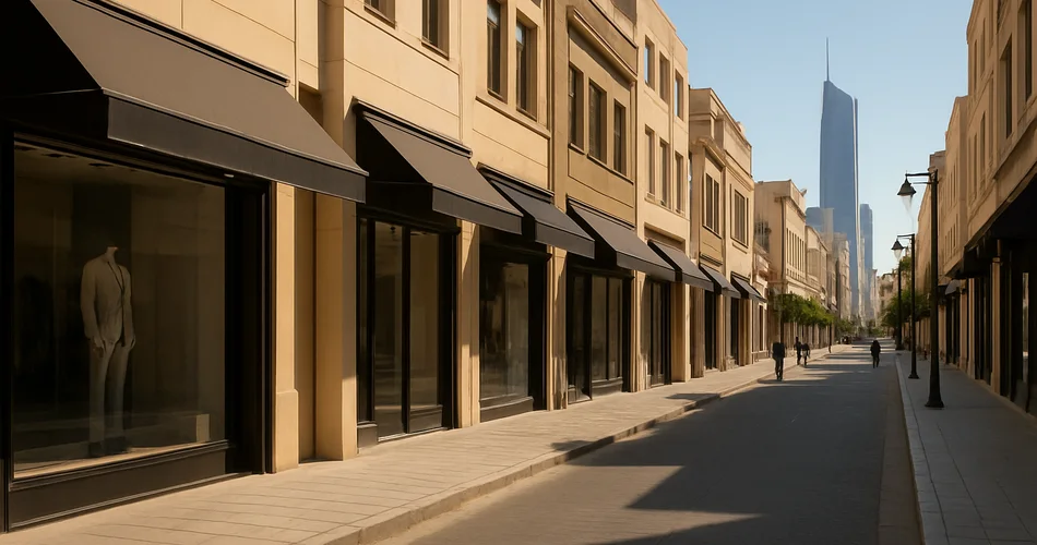 Pedestrians stroll past storefronts in a Kuwait City shopping district.