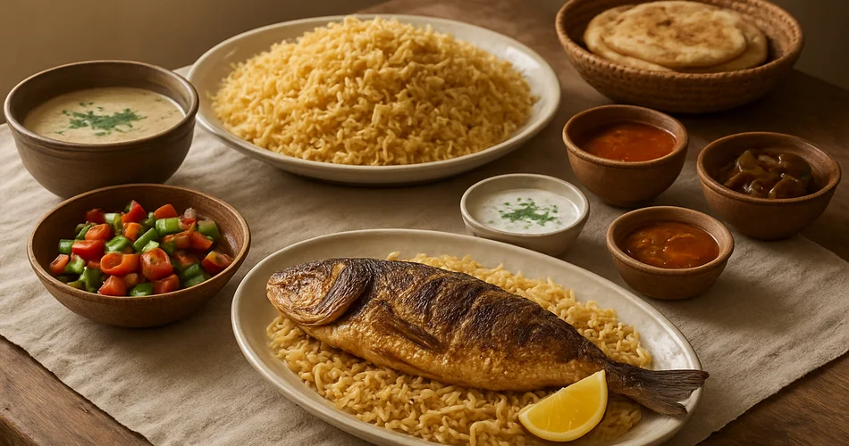 A traditional Kuwaiti meal of rice, grilled fish, and shared side dishes.