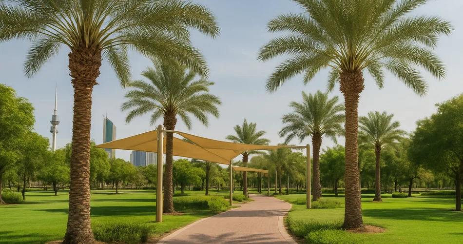Shaded paths and green lawns fill a quiet urban park in Kuwait.