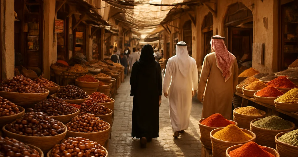 Baskets of dates and colorful spices line a traditional Gulf market lane.
