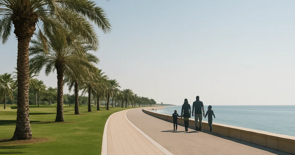 A palm-lined recreation path follows the calm Arabian Gulf.